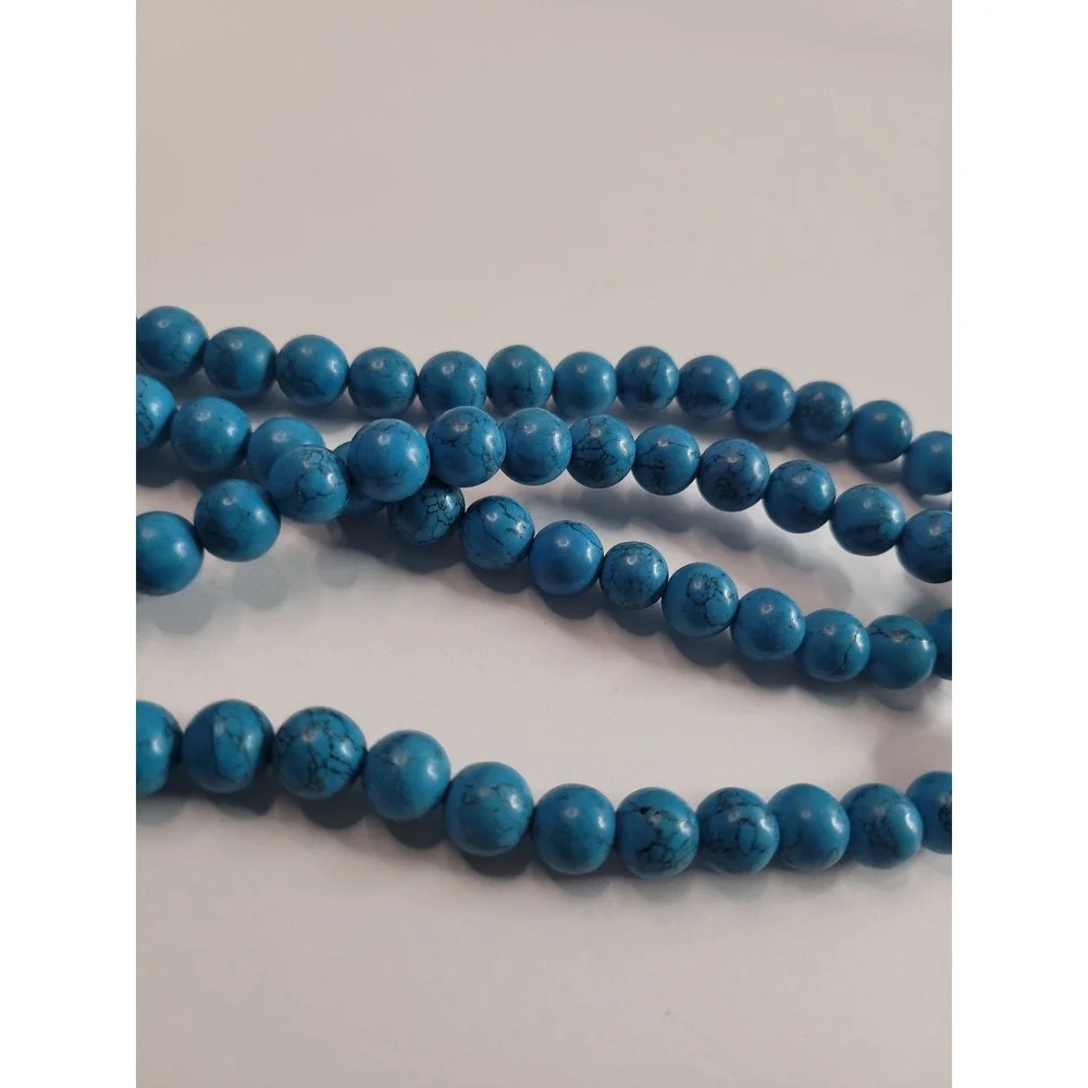 Blue Black Veined Round Bead Long Necklace Southwestern Boho Statement Jewelry